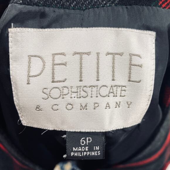 Vintage 80s 90s Wool Plaid Skirt Suit Collarless Blazer Pencil Skirt Gray Red XS - Picture 9 of 10